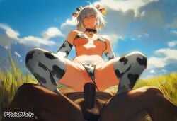 1boy 1girl ahoge ai_assisted ai_generated animal_ears bikini breasts gloves hetero horns large_breasts navel outdoors short_hair swimsuit thighhighs violetverly white_hair yellow_eyes