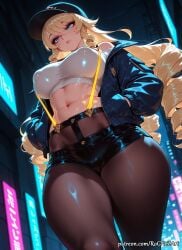 1girl 2026 abs ai_generated anime bangs bare_shoulders baseball_cap black_headwear black_pantyhose black_shorts blonde_hair blue_eyes boobs breasts brown_pantyhose cleavage covered_nipples crop_top crossover drill_hair eye_contact female female_focus from_below genshin_impact hands_in_pockets hat highres hoyoverse huge_breasts jacket large_breasts lips long_hair looking_at_viewer looking_down low_angle midriff mihoyo mole mole_under_eye navel navia_(genshin_impact) neon_lights night nsfw off_shoulder open_clothes open_jacket pantyhose patreon rognezart shirt short_shorts shorts solo stockings suspenders thick_thighs thighs very_long_hair