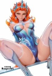 1girl ai_generated artist_name blue_leotard boots breasts breasts_apart clothing_cutout earrings green_eyes high_heel_boots jean_grey jewelry leotard lips long_hair looking_at_viewer marvel marvel_comics marvel_girl marvel_rivals medium_breasts nuageeart orange_hair phoenix_(marvel_rivals) phoenix_(x-men) questionable sensitive simple_background sitting smile solo spread_legs sweat thighhighs thighs tiara torn_clothes wet white_background white_footwear white_thighhighs x-men