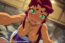 1boy 1girl ai ai_art ai_generated all_fours bare_shoulders blush breasts colored_sclera dark-skinned_female dark_skin dutch_angle green_eyes green_sclera hanging_breasts indoors large_breasts long_hair looking_at_viewer medium_breasts mixed-sex_bathing naked_towel nipples onsen open_mouth orange_skin pov red_hair rock shared_bathing short_eyebrows solo_focus starfire_(dc) steam sweat teen_titans thick_eyebrows towel water wet yellow_sclera