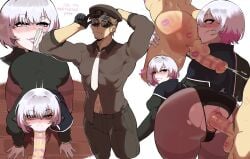 1boy 1girl absurdres adjusting_clothes adjusting_headwear anal anilingus ass backless_panties black_hat black_panties black_pants brown_hair commentary english_commentary english_text fellatio goddess_of_victory:_nikke guttsuko hat hetero highres liliweiss_(nikke) lipstick_mark lipstick_mark_on_ass lipstick_mark_on_neck lipstick_mark_on_penis lipstick_mark_on_stomach lipstick_mark_on_testicles lipstick_ring multiple_views necktie oral panties pants penis short_hair sunglasses testicles textless_version the_legendary_commander_(nikke) uncensored underwear white_hair white_necktie
