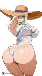 1girl ai_generated armpits artist_name ass blonde_hair blue_eyes blue_lips breasts cleavage covered_nipples earrings emma_frost emma_frost_(marvel_rivals) hat huge_ass jewelry large_breasts lipstick long_hair looking_at_viewer looking_back makeup marvel marvel_comics marvel_rivals o-ring one-piece_swimsuit patreon questionable see-through senpai_pixels simple_background smile solo straw_hat sun_hat swimsuit thick_thighs thighs twisted_torso wet wet_clothes white_background white_hair white_one-piece_swimsuit white_queen x-men