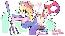 anal blonde_hair bush butt clothed clothed_sex cock doggy_style earrings eyes_closed eyes_rolling_back farmgirl male/female mario_(series) mario_kart mario_kart_world nautti_spaghetti nintendo open_mouth overalls penetration pitchfork princess_peach princess_peach_(farmer) red_toad ripped_clothing sex size_difference smaller_male spanking spanking_ass straw_hat thrusting thrusting_into_ass toad_(mario) tongue tongue_out