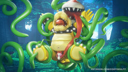 1boy 1other 2020 anthro bodily_fluids bowser bowser_day codywulfy_(artist) elemental_creature flora_fauna forest full_body genital_fluids genitals koopa male mario_(series) navel nintendo open_mouth outdoors outside overweight overweight_male penis piranha_plant plant precum restrained scalie teeth tentacle tongue tongue_out tree video_games