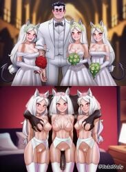 1boy ai_assisted ai_generated animal_ears blush breasts dress flower long_hair looking_at_viewer multiple_girls nipples red_eyes smile tail thighhighs underwear violetverly white_hair