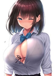 1girls accidental_exposure bangs big_breasts bikini bikini_top bikini_under_clothes black_bikini blue_bow blue_eyes blush bow bowtie breasts brown_hair bursting_breasts buttons cleavage closed_mouth clothed clothed_female collared_shirt dress_shirt embarrassed female female_only fully_clothed huge_breasts kase_daiki large_breasts looking_at_viewer one_eye_closed open_clothes open_shirt original original_character popped_button school_uniform see-through shirt short_hair simple_background sleeves_rolled_up solo solo_female striped striped_bow sweat swimsuit wardrobe_malfunction white_background white_shirt