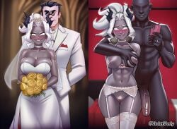1boy 1girl ai_assisted ai_generated blush breasts dress flower hetero holding horns jewelry large_breasts navel nipples penis pussy smile thighhighs underwear violetverly white_hair