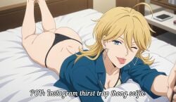 ai ai_generated ass bikini black_thong blonde blonde_female blonde_hair blue_eyes butt christine_blake_(lazarus) cleavage earrings fanservice femme_fatale flirty laying_on_bed lazarus_(anime) lying_on_bed rattoilet selfie swimsuit taking_picture taking_selfie text thong tongue tongue_out winking