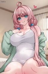 bedroom big_breasts breasts female grand_summoners haxial miranda_(grand_summoners) pink_hair pinup tagme thick thick_thighs