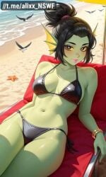 ai_art ai_assisted ai_generated alixx_nswf beach big_breasts bikini black_hair brawl_stars breasts fish_ears green_skin monster_girl sexy supercell willow_(brawl_stars)