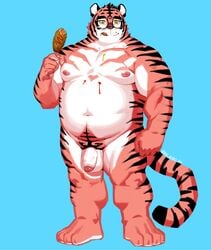 2020 absurd_res anthro balls belly blue_background eyewear felid flaccid food genitals glasses hi_res male male_only mammal moobs navel nipples nu_nudo_do overweight overweight_anthro overweight_male pantherine penis simple_background solo tiger tongue tongue_out