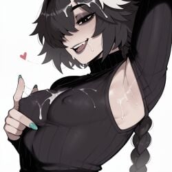 1girls ai_generated armpits arms_up astolfo_(fate) black_eyes black_hair braid clothed clothing covered_nipples cum cum_on_clothes cum_on_face cum_on_hair eyeshadow fate_(series) female female_only goth goth_girl heart light-skinned_female light_skin looking_at_viewer nail_polish open_mouth small_breasts solo solo_focus teeth upper_body upper_teeth