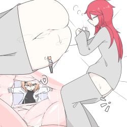 adachi_rei female female_only giantess kasane_teto pussy_juice size_difference spread_pussy unbirthing voifoooork white_background yuri