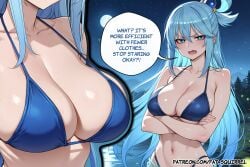 1girl ai_assisted ai_generated aqua_(konosuba) blue_bikini blue_eyes crossed_arms english_text fatest_squirrel glaring kono_subarashii_sekai_ni_shukufuku_wo! large_breasts looking_at_viewer open_mouth v-shaped_eyebrows wavy_mouth