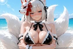 1girl ai_generated animal_ears arm_garter azur_lane bangs bare_shoulders beach bikini black_bikini blue_eyes blue_sky blush breasts cleavage closed_mouth cloud collarbone day detached_collar eyeliner fox_ears fox_mask fox_tail frilled_bikini frills kaga_(azur_lane) kermixx large_breasts looking_at_viewer maid_bikini maid_headdress makeup mask mask_on_head multiple_tails neck_ribbon ocean outdoors ribbon shiny shiny_skin short_hair sky smile solo sun swimsuit tail upper_body wet white_hair wrist_cuffs