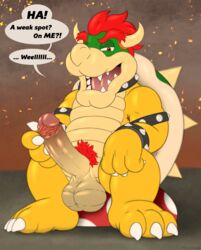 anthro armpit_hair balls body_hair bowser dialogue dracovar_valeford foreskin_pull genitals hi_res koopa looking_at_viewer male male_only mario_(series) nintendo penis pubes retracted_foreskin scalie solo speech_bubble super_mario_bros. talking_to_viewer uncut video_games