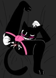 1boy anthro asshole balls big_balls big_eyes black_bed black_eyes black_fur black_nose blush cartoon_cat cat_ears cat_tail claws cum_in_ass cum_in_pussy cute feline gay grabbing_ass leg_up legs_open looking_at_viewer male_only male_penetrating on_bed paws pink_panties riskaver_(artist) smiling top_view white_gloves winking yaoi