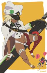 1girls barefoot cape dark_skin fingerless_gloves from_above guilty_gear guilty_gear_strive hat pulling pussy pussy_juice ramlethal_valentine shorts shorts_pull sitting sol_badguy solo starhump wet