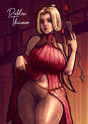 1girls blade_&_soul blonde_hair curvy dress_lift lady_yehara large_breasts pablowthiccasso presenting_pussy pubes red_dress standing teasing