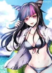 1girls belly bikini bikini_bottom bikini_top black_nail_polish black_nails cleavage colored_hair danganronpa danganronpa_2:_goodbye_despair danganronpa_s:_ultimate_summer_camp female female_only front-tie_bikini front-tie_top front_view human human_only inner_tube jacket_open light-skinned_female light_skin looking_at_viewer mioda_ibuki multicolored_hair navel ocean open_clothes open_clothing open_jacket open_shirt pink_eyes sea shirt_open smile smiling smiling_at_viewer solo solo_female stomach straight_hair super_danganronpa_2 swimsuit water white_jacket white_shirt wholesome