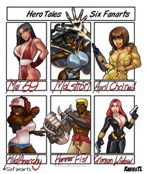 1boy 5girls agent_69 anarchy april_o'neil_(cosplay) asian asian_female athletic athletic_female athletic_male big_ass big_breasts black_widow_(cosplay) bodysuit breasts cleavage cosplay crimson_dahlia dark-skinned_female dark-skinned_male dark_skin derrick_hammer doomfist_(cosplay) dual_wielding female fit fit_female hero_tales hilda_(pokemon)_(cosplay) human human_only ilyonia_shikari joke king_of_fighters light-skinned_female light_skin lois_cho mai_shiranui_(cosplay) malesande marvel overwatch parody pokemon rabies-t-lagomorph six_fanarts_challenge snk storm_(cosplay) superhero superheroine teenage_mutant_ninja_turtles tmnt_1987 unzipped unzipped_bodysuit weapon x-men