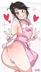 1boy apron ass big_ass black_hair femboy girly glasses heart lightsource male male_only pink_nails solo trap