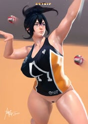 1girls arm_up armpit_crease armpits artnip ball beauty_mark big_breasts big_thighs black_hair blush bottomless breasts cleavage dark_hair female female_only glasses haikyuu!! huge_breasts large_breasts mole mole_under_mouth pubic_hair pussy shimizu_kiyoko sports_uniform sportswear spots standing sweat thick_thighs tied_hair vagina volleyball volleyball_(ball) volleyball_uniform wide_hips