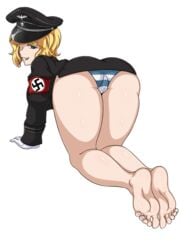 1girls armband aryana_schütze ass barefoot blonde_hair blue_eyes cameltoe cute evil_grin feet female female_only hideyoshiao1 light-skinned_female light_skin looking_back nazi panties short_hair smile soles solo striped_panties swastika toes wicked_smile