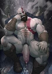 beard big_penis boots chest_hair cum cum_dripping cum_on_boot cum_on_ground face_markings facial_hair god_of_war hand_on_cheek hand_on_thigh kratos leg_hair looking_at_viewer luxuris male male_only markings nipples nude penis pubic_hair sitting solo solo_male unretracted_foreskin veins veiny_arms veiny_muscles veiny_penis