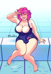 1futa balls big_breasts blush breasts bulge chubby cleavage eyes feet futanari heart peace_sign penis pink pink_hair pink_nails pink_toenails solo_futa strawbstack swimsuit thick_thighs