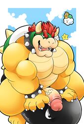 anthro bowser bullet_bill genitals hi_res koopa lakitu looking_at_viewer male male_only mario_(series) musclegut muscular muscular_anthro muscular_male nintendo nude one_eye_closed penis scalie schwarzfox solo super_mario_bros. vein veiny_penis video_games wink