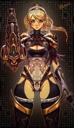 alternate_costume background black_hairband breasts danderfull female female_only hair_ornament hairband light-skinned_female light_skin looking_at_viewer metroid nier nier:_automata nintendo samus_aran solo thighs thunder_thighs yorha_2b