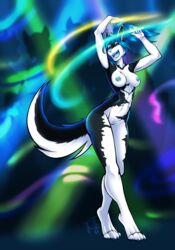 alana_snowfleet_(character) anthro breasts canid canine canis dancing domestic_dog female fyrephase glowstick hi_res husky inside keisha_makainn lights mammal nipples nordic_sled_dog nude party rave solo spitz