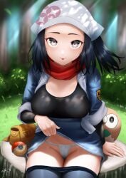 1girls 1pokemon 2022 akari_(pokemon) blue_eyes blue_hair breasts cute female flashing_panties headscarf medium_breasts nintendo outdoors panty_peek playful_smile pokemon pokemon_legends:_arceus ponytail rowlet skirt_lift slim_waist smile thighs tongue tongue_out zasshu96