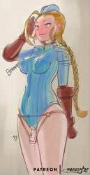 blonde_hair blue_eyes blush cammy_white dildo dildo_harness mayhem_(artist) nipples nipples_visible_through_clothing pussy_juice pussy_plug salute street_fighter sweater vibrator vibrator_under_clothes