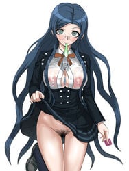 akizora areolae blue_hair blush condom condom_between_breasts condom_in_mouth danganronpa danganronpa_v3 filled_condom glasses green_eyes hairy_pussy holding_condom horny large_breasts long_hair looking_at_viewer new_danganronpa_v3 nipples nipples_visible_through_clothing no_bra no_panties open_shirt pubic_hair pussy seductive see-through shirogane_tsumugi skirt_lift smile smooth_skin thighs uniform wet_shirt white_background