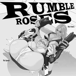 2girls anus ass big_breasts cameltoe catfight cleavage cow_print dixie_clemets english_text fight glasses grayscale konami labia large_breasts miss_spencer monochrome muriel_spencer puffy_anus rumble_roses skirt_lift