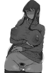 black_hair blush breasts curvaceous decensored embarrassed erect_nipples erect_nipples_under_clothes female female_only female_pubic_hair female_solo greyscale huge_breasts komi-san_wa_komyushou_desu komi_shouko large_breasts long_hair looking_away monochrome nipples pantyhose plump pubic_hair pussy pussy_juice see-through simple_background solo standing steam sweater sweater_lift tanishi_(tani4) thick_thighs thighs third-party_edit turtleneck uncensored venus_body voluptuous white_background wide_hips