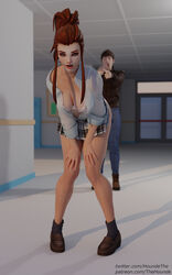 3d brigitte brown_hair clothed exhibitionism female female_focus french_nails male no_panties no_panties_under_skirt overwatch pale-skinned_female pale-skinned_male pale_skin school_uniform surprised thehounde