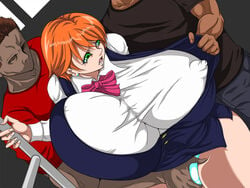 big_breasts breast_grab chikan dark-skinned_male dendendo gigantic_breasts grope grope_from_behind huge_breasts nipples_visible_through_clothing orange_hair panties short_hair thighs train