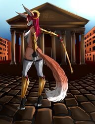 anthro armor canid canine female fox functionally_nude fur hi_res horn horns mammal nude panties solo sword tutifruti_(artist) unconvincing_armor warrior