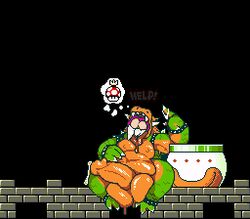 anthro balls belly big_balls big_belly big_penis bodily_fluids bowser cum dragon duo female genital_fluids genitals huge_balls huge_cock hyper hyper_balls hyper_genitalia hyper_penis low_res male mario_(series) mouthmoth nintendo oral_vore penis pixel_art princess_peach size_difference straight super_mario_world video_games vore