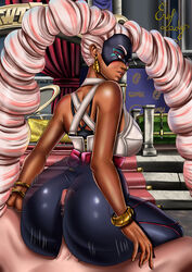 1boy 1girls arms_(game) ass ass_focus assjob big_ass big_butt big_penis black_skin blue_eyes butt_focus buttjob clothed clothed_female clothed_female_nude_male clothed_sex covered_buttjob dark-skinned_female dark_skin erolady female female_focus gold_jewelry hand_on_leg huge_ass huge_butt huge_cock interracial lips lipstick looking_back mask masked medium_breasts nintendo open_legs pink_hair pov pov_eye_contact sitting sitting_on_balls sitting_on_lap sitting_on_penis sitting_on_person tight_clothes tight_clothing tight_fit twintails twintelle unseen_male_face white_hair white_shirt yoga_pants