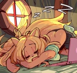 1girls activision animal_ears anthro arched_back ass ass_cleavage bandicoot bed blonde_hair butt_crack closed_eyes coco_bandicoot computer crash_(series) electronics female furry green_shirt green_socks inside laptop no_panties open_mouth orange_fur sleeping socks solo very_long_hair wamudraws window zzz