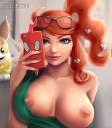 1girls alternate_breast_size areolae big_breasts eerisyn eye_contact female green_eyes large_breasts lips looking_at_viewer nintendo nipples orange_hair pale-skinned_female pale_skin phone pokemon pokemon_ss ponytail rotom rotom_phone side_ponytail sonia_(pokemon) sunglasses_on_head sweater thick_lips yamper