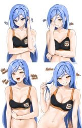 belly belly_button blue_eyes blue_hair blue_text chaesu crop_top implied_nudity laughing long_hair medium_breasts minah model orange_eyes orange_text skinny text tsundere yandere