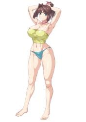 adjusting_hair aqua_panties armpits arms_up bare_legs barefoot blue_eyes breasts brown_hair choker female full_body highres large_breasts looking_at_viewer mazaki_anzu midriff ozaneko panties pink_choker ponytail shadow shirt simple_background smile solo standing strapless sweat tube_top underwear wet white_background yellow_shirt yu-gi-oh! yu-gi-oh!_duel_monsters yu-gi-oh!_the_dark_side_of_dimensions