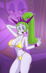 belly big_breasts bikini blue_eyes drawsoyeah dreamworks earrings green_hair heyloodsdraws looking_at_viewer nipples_visible_through_bra pale-skinned_female trolls_(film) trolls_band_together universal_pictures universal_studios v_sign velvet_(trolls)