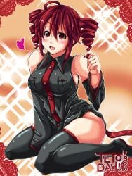 1female big_breasts black_socks drill_hair kasane_teto long_socks red_eyes red_hair utau