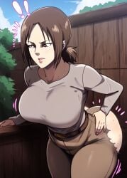 ai_generated attack_on_titan belt bent_over big_breasts bubble_butt hole_in_pants long_sleeves lustylewdz more_at_source outside pants pants_rip ripped_pants slim_thick ymir ymir_(shingeki_no_kyojin)